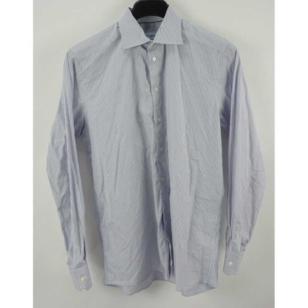 Eton Mens 16 Long Sleeve White Blue Striped Lightweight Woven Spread Dress Shirt